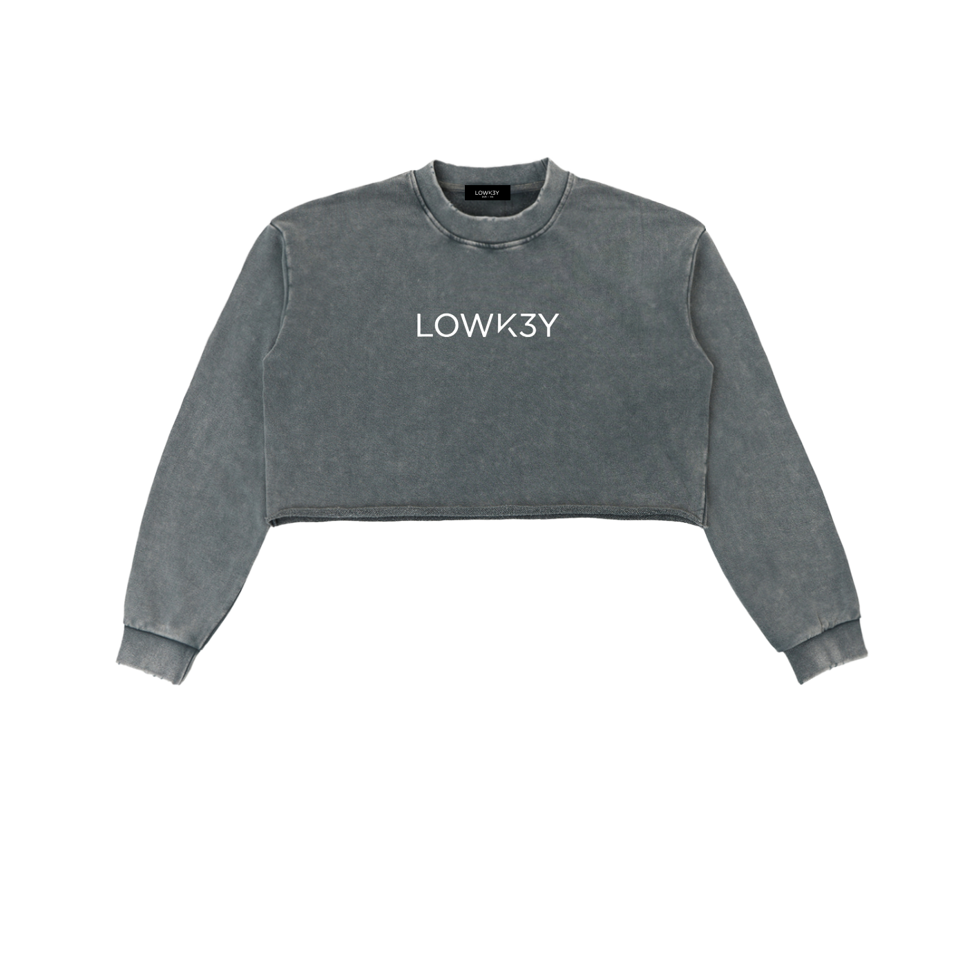 "CLEAN" CLASSIC CREW LONG SLEEVE CROP TOP : Snow Washed Raw Edge Cropped Sweatshirt
