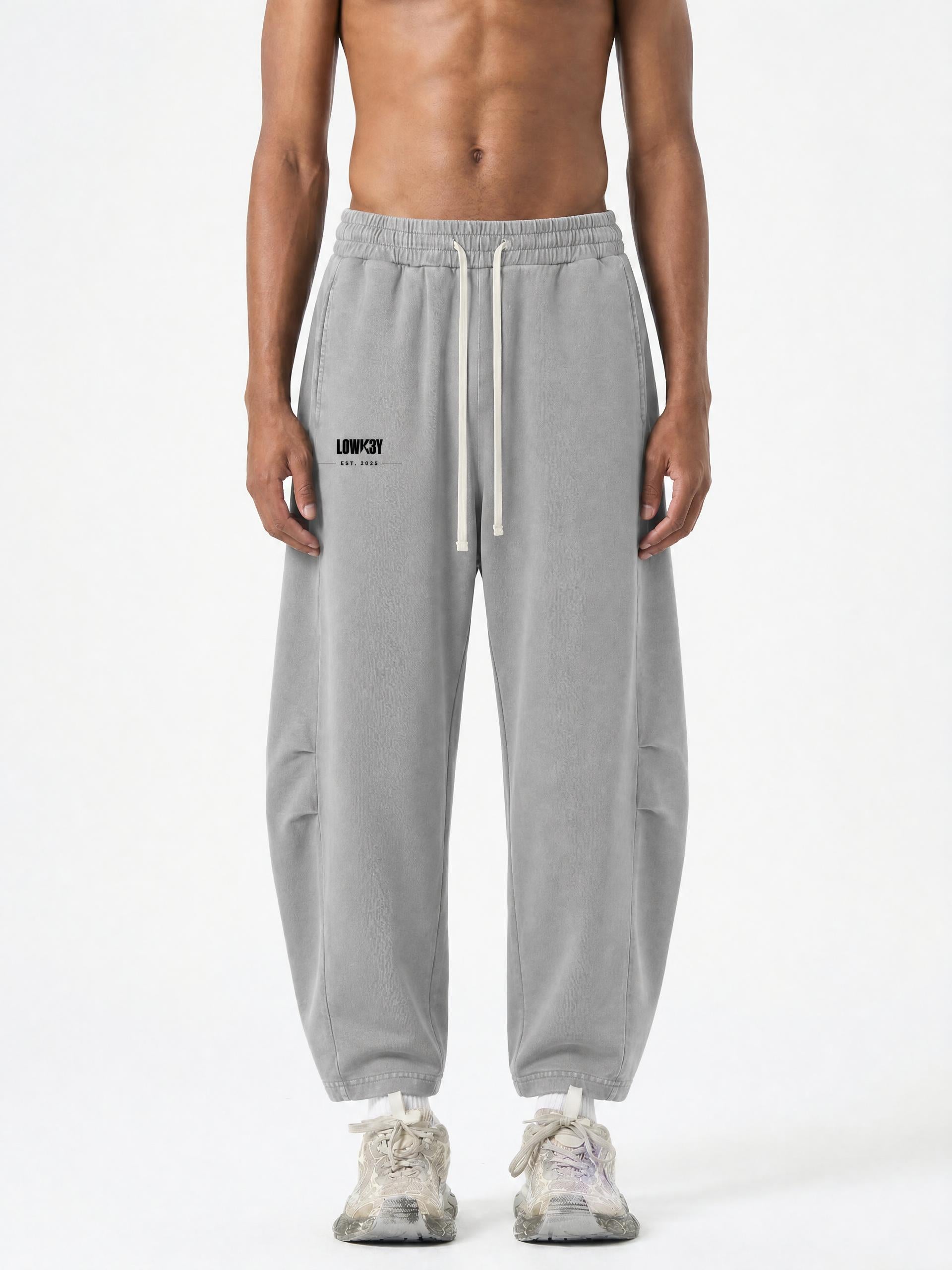 LOWK3Y BARREL TROUSERS (BLACK SCRIB) : Unisex Mineral Wash Barrel Leg Pants