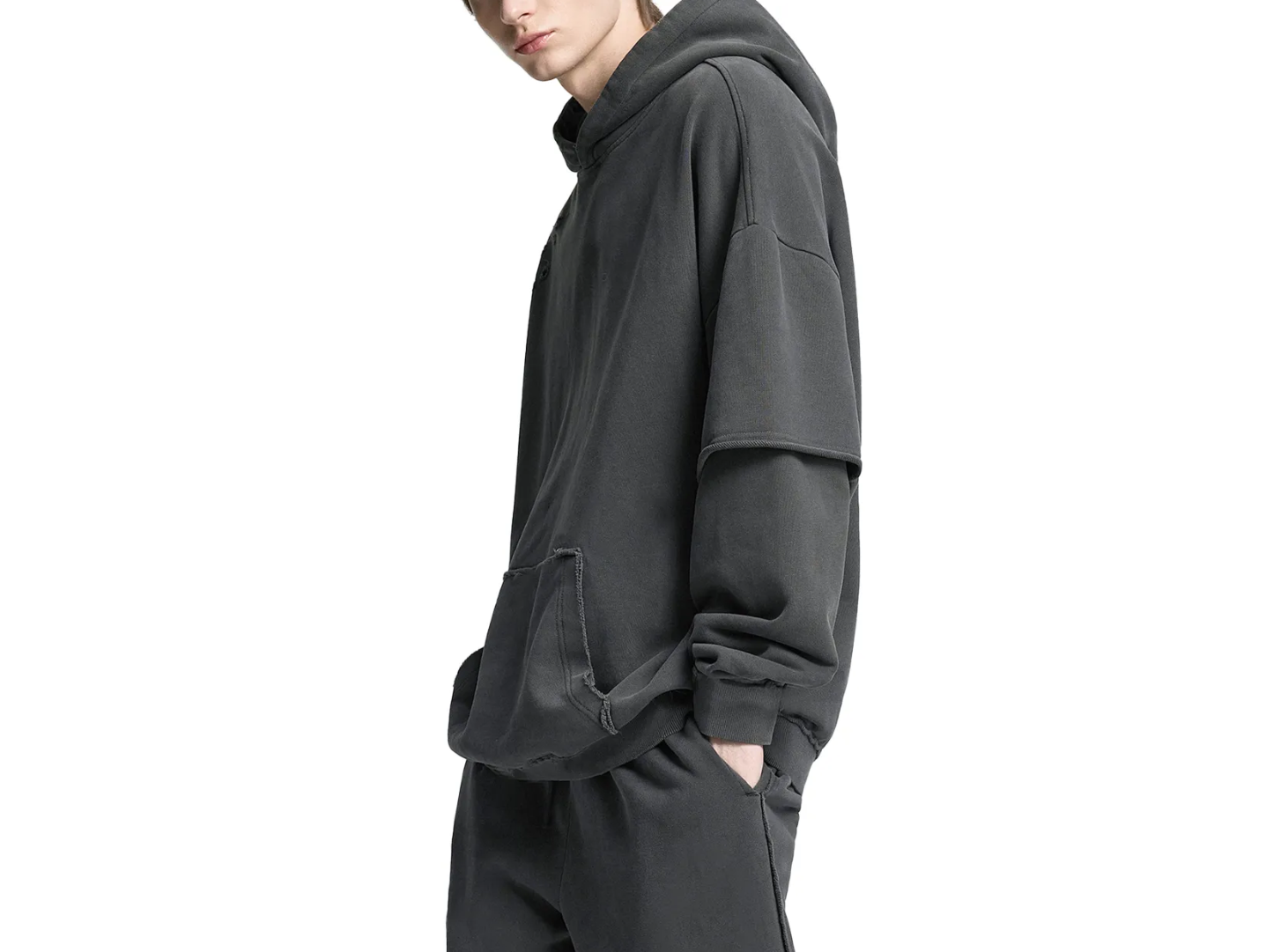 "HUSTLER'S CLUB" 90'S LAYERED RUGGED HOODIE : Snow Washed Raw Edge Double Layered Hoodie