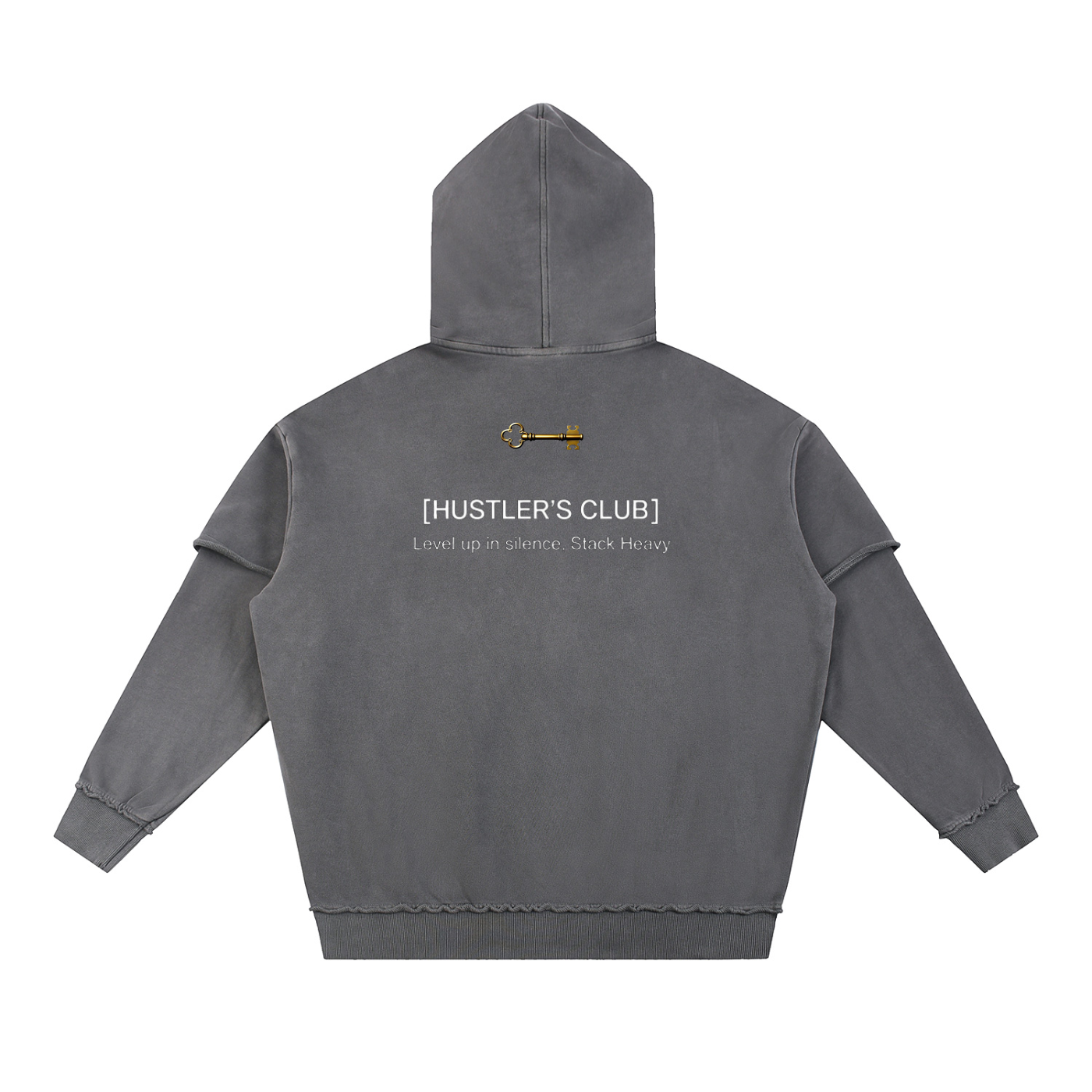 "HUSTLER'S CLUB" 90'S LAYERED RUGGED HOODIE : Snow Washed Raw Edge Double Layered Hoodie