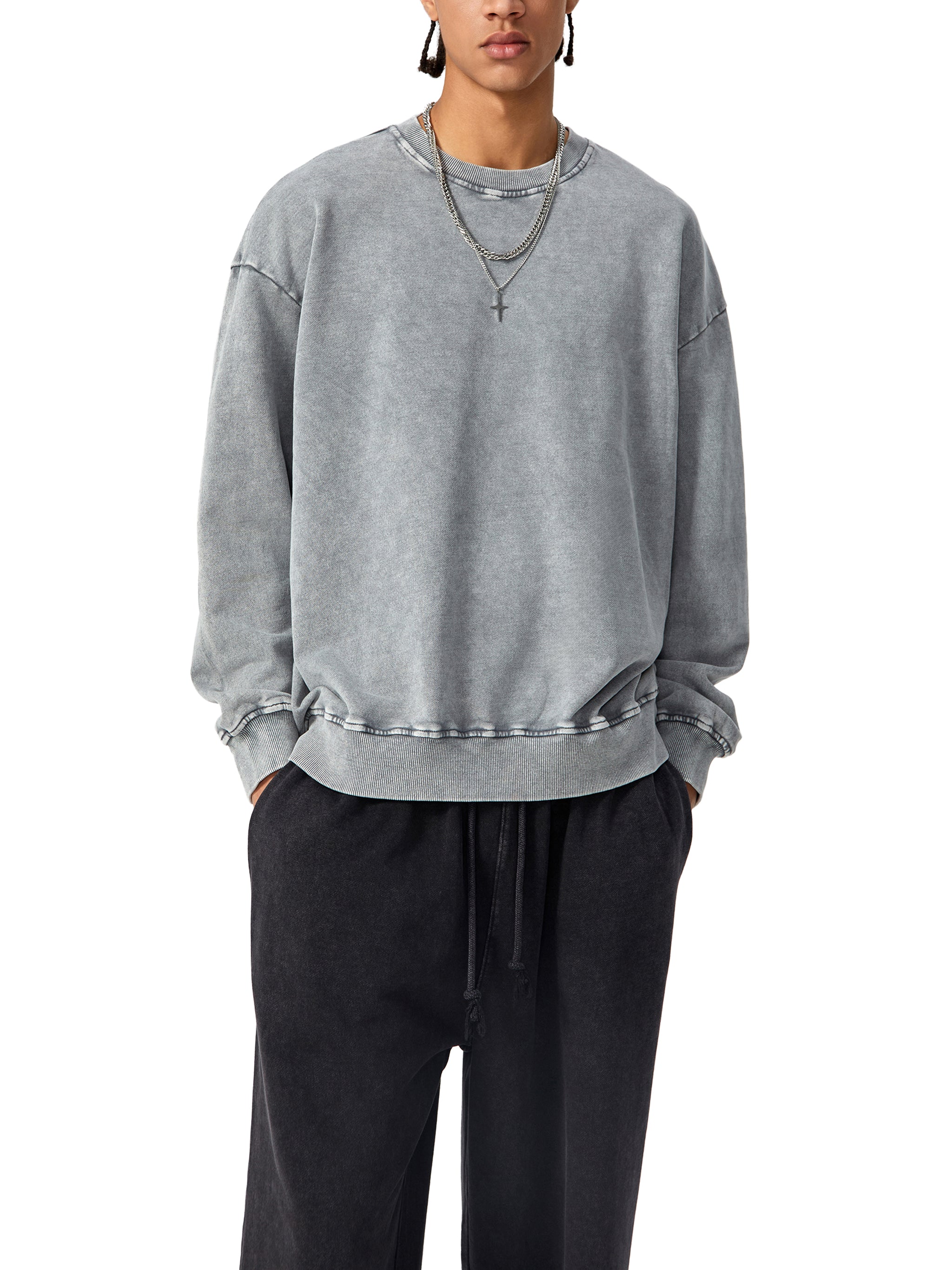 CLASSIC "CREW" NECK, LOWK3Y SWEATSHIRT (WHITE SCRIB) : Snow Washed Oversized Sweatshirt