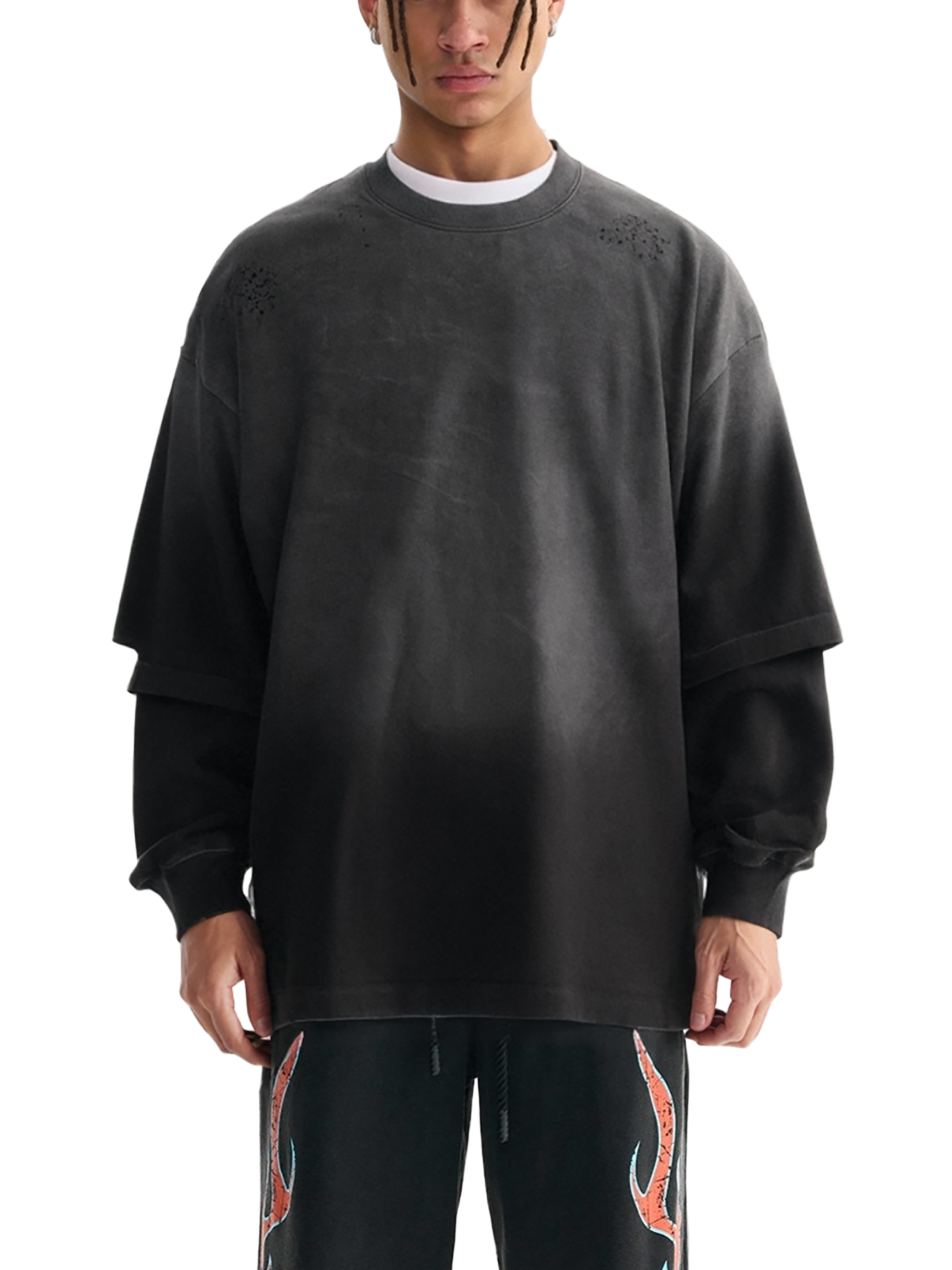 90'S FIT LAYERED LONG SLEEVE : Hand-Frayed Faux Two-Piece T-Shirt