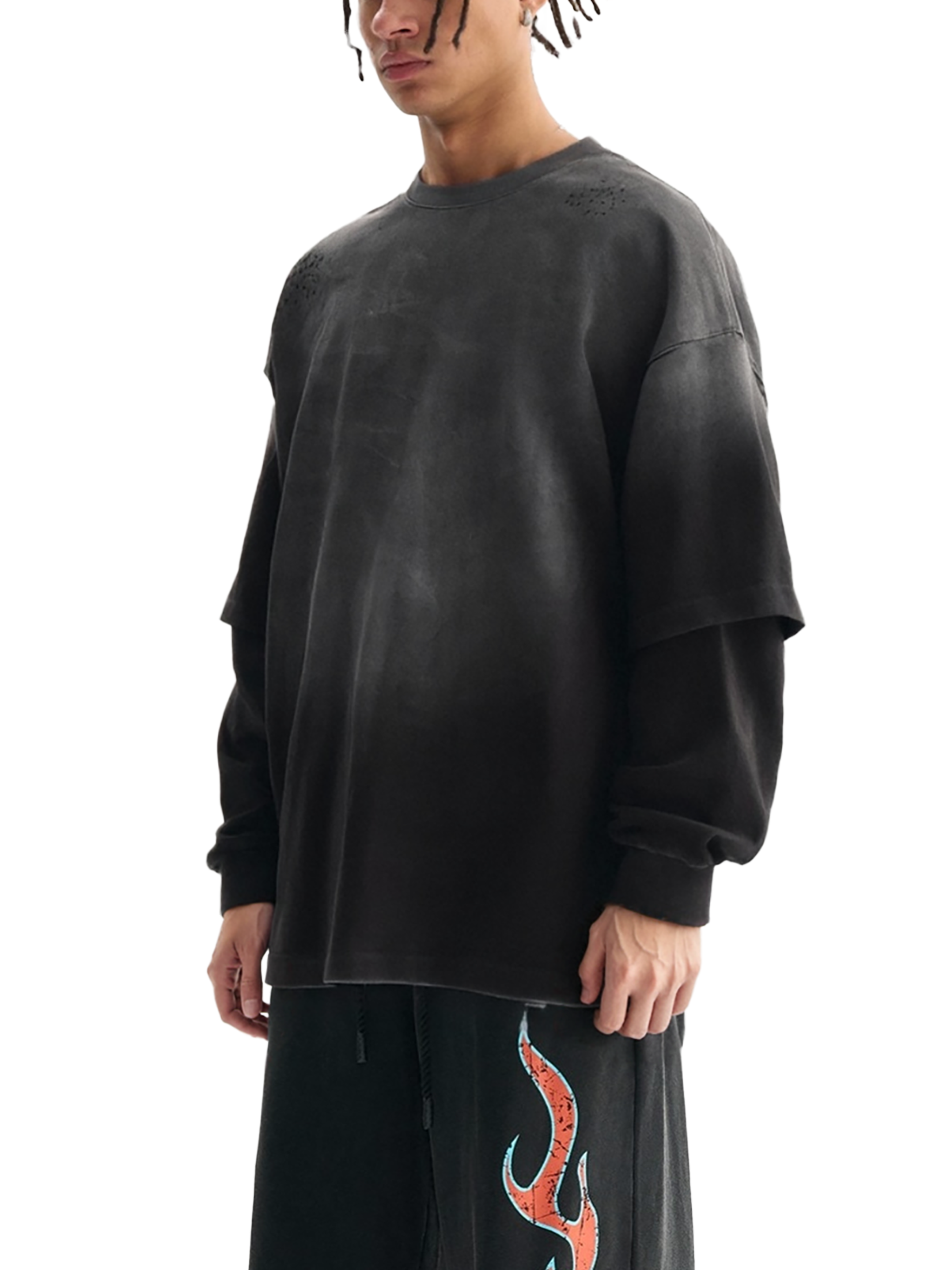 90'S FIT LAYERED LONG SLEEVE : Hand-Frayed Faux Two-Piece T-Shirt