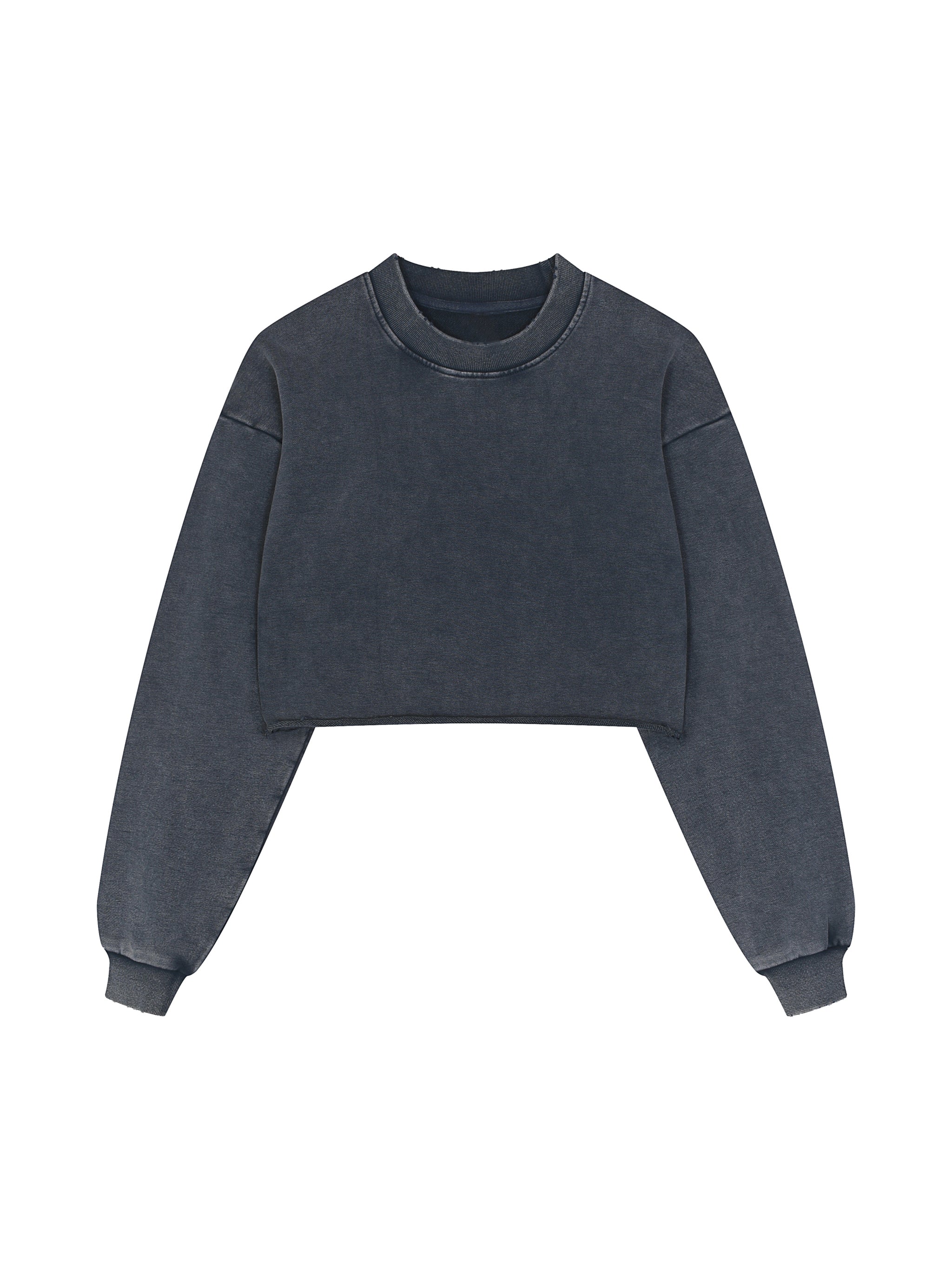"CLEAN" CLASSIC CREW LONG SLEEVE CROP TOP : Snow Washed Raw Edge Cropped Sweatshirt