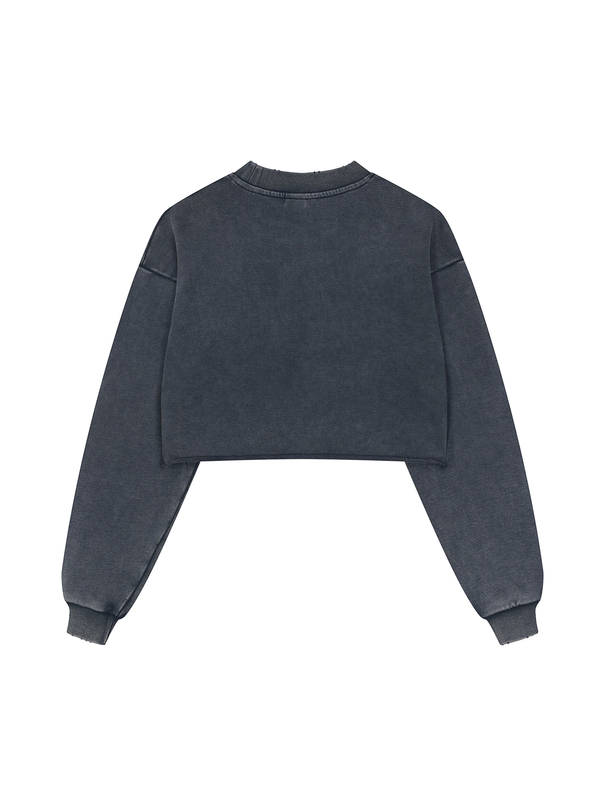 "CLEAN" CLASSIC CREW LONG SLEEVE CROP TOP : Snow Washed Raw Edge Cropped Sweatshirt