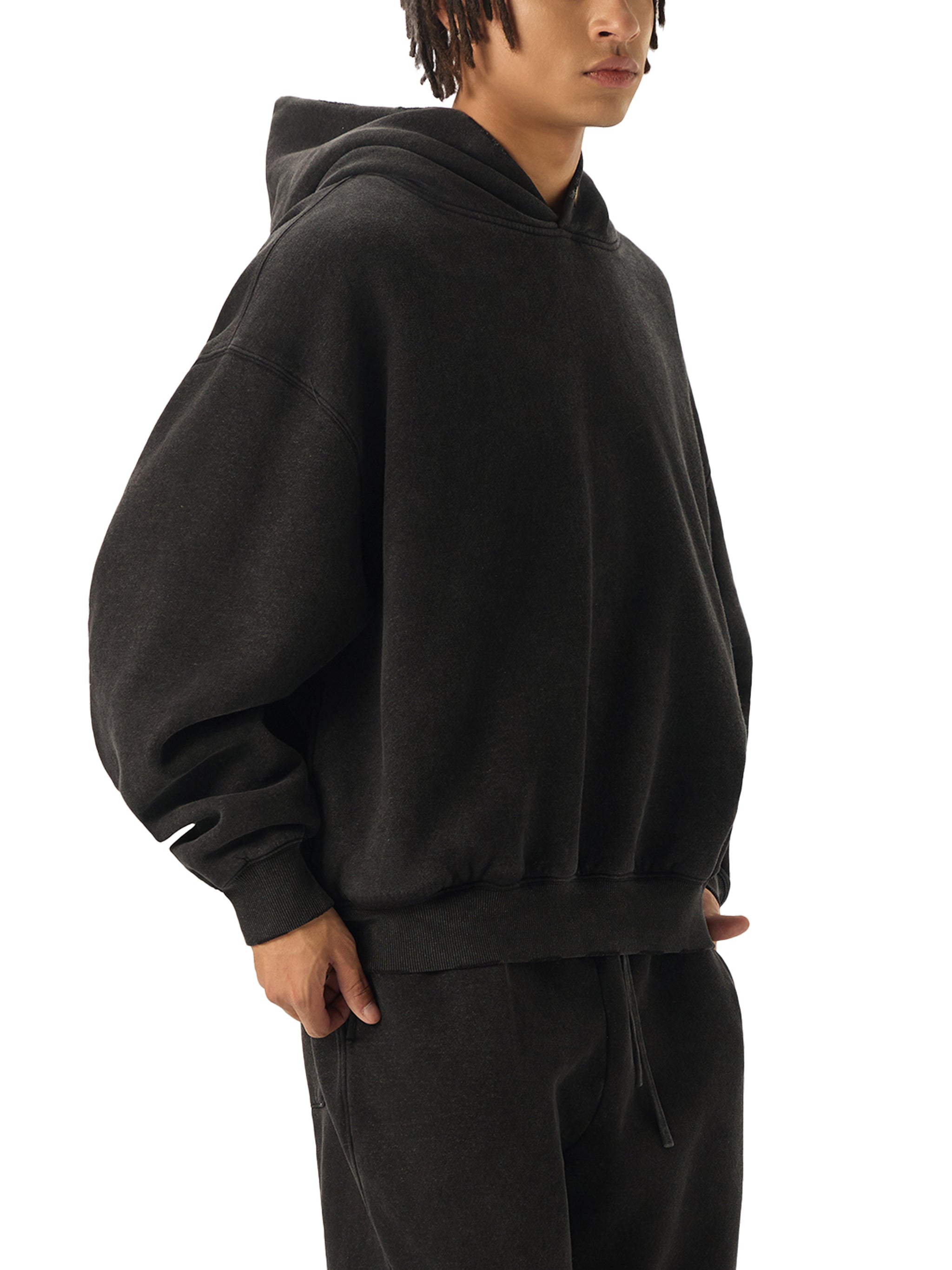 DROPPED SHOULDER "ICON LOGO" HOODIE : Frayed Enzyme Washed Fleece Hoodie