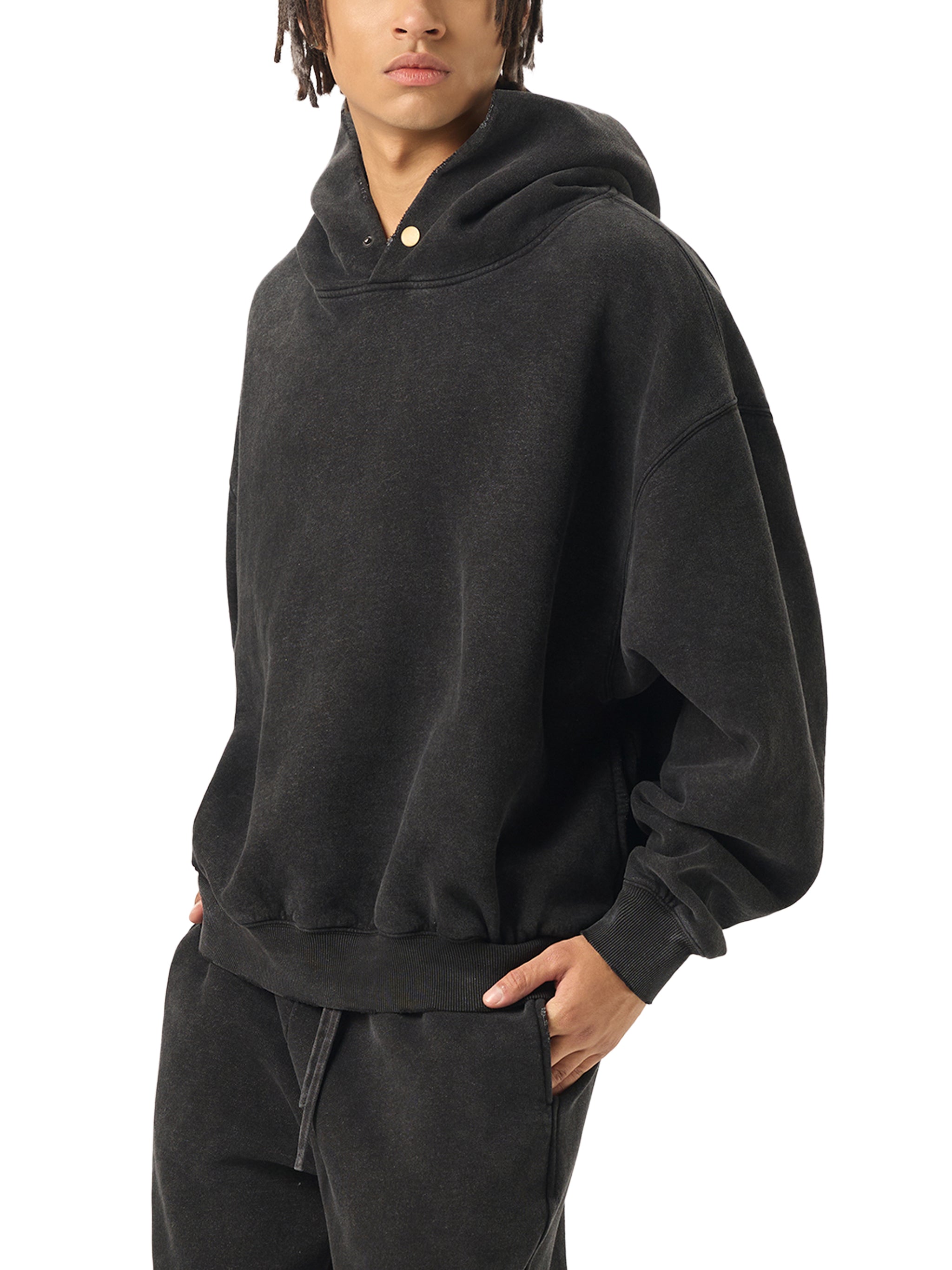 DROPPED SHOULDER "ICON LOGO" HOODIE : Frayed Enzyme Washed Fleece Hoodie